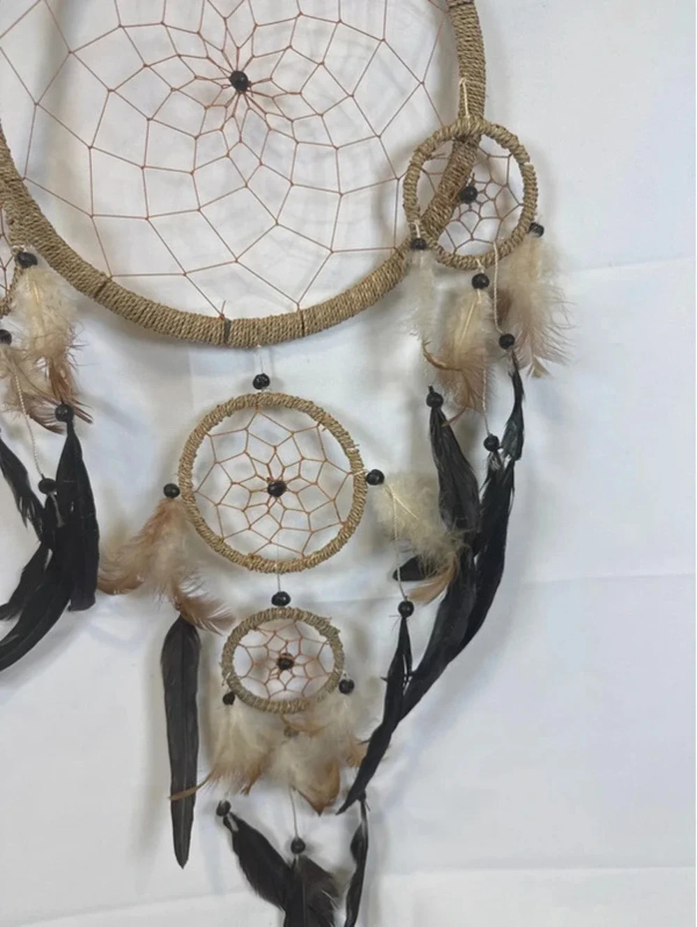 Large Boho Dream Catcher Wall Hanging Black Feather Neutral Decor